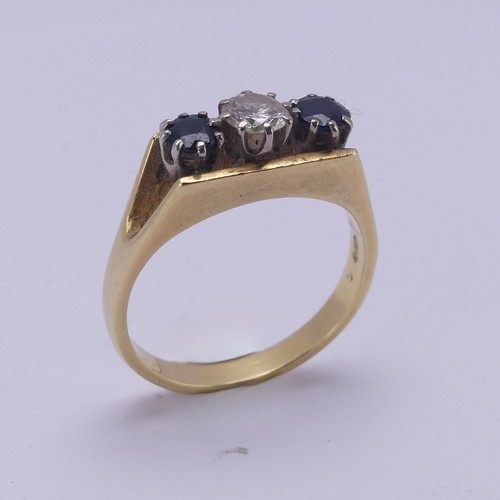 161 - A three stone sapphire and diamond Ring, the brilliant cut central diamond approx. 0.3ct, with a cir... 