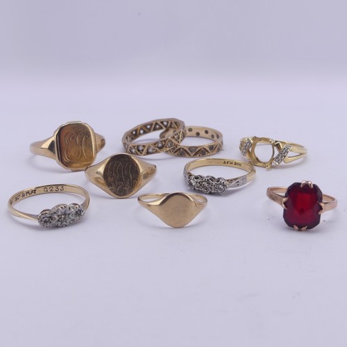 356 - A collection of eight small 9ct gold Rings; three signets, including one child's, two three stone di... 