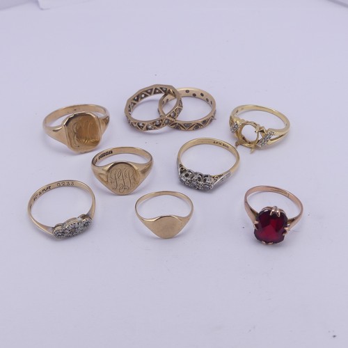 356 - A collection of eight small 9ct gold Rings; three signets, including one child's, two three stone di... 