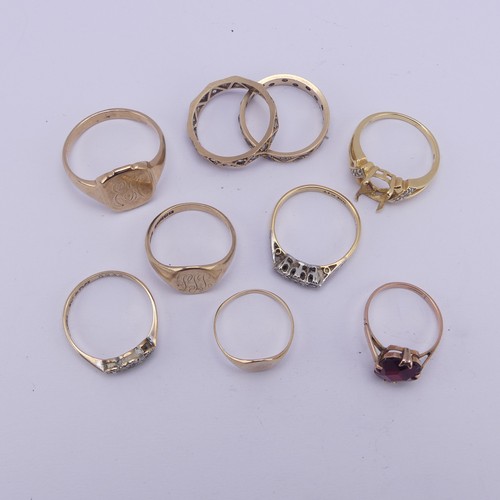 356 - A collection of eight small 9ct gold Rings; three signets, including one child's, two three stone di... 