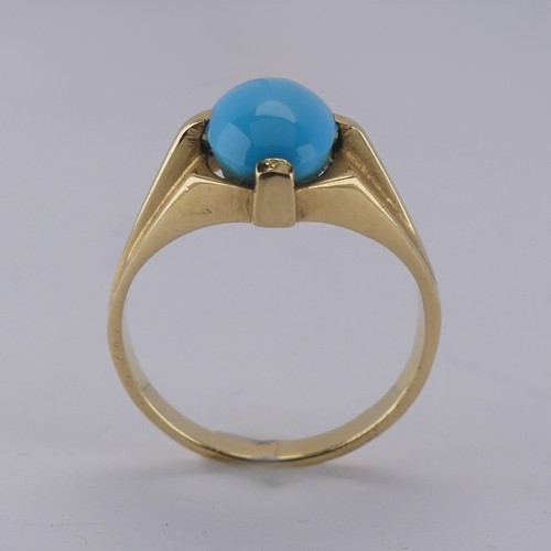 170 - An oval cabochon turquoise Ring, the stone 10mm long, four claw set in modernist yellow gold mount, ... 