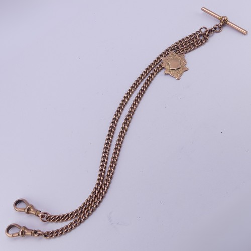 263 - A 9ct rose gold double Albert Watch Chain, the T-Bar suspending two curb link chains, each terminati... 