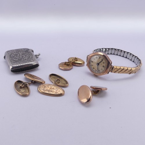 365 - A pair of 9ct gold Cufflinks, 2.6g, together with a 9ct gold cased lady's wristwatch, on replacement... 