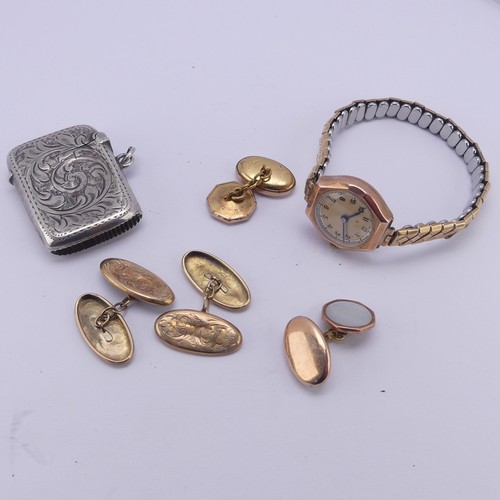 365 - A pair of 9ct gold Cufflinks, 2.6g, together with a 9ct gold cased lady's wristwatch, on replacement... 