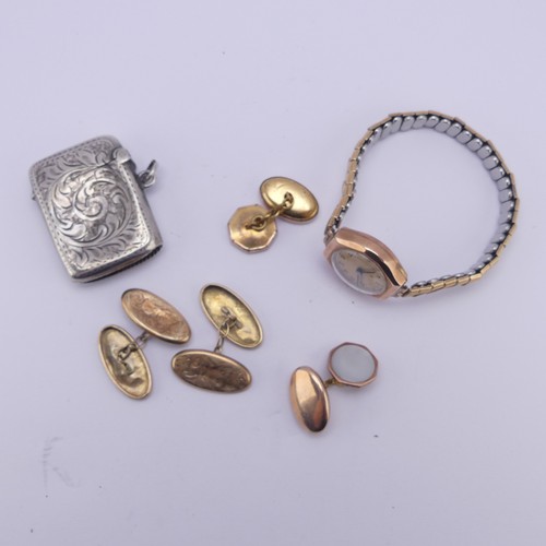 365 - A pair of 9ct gold Cufflinks, 2.6g, together with a 9ct gold cased lady's wristwatch, on replacement... 