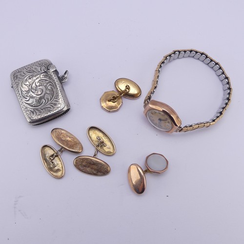 365 - A pair of 9ct gold Cufflinks, 2.6g, together with a 9ct gold cased lady's wristwatch, on replacement... 