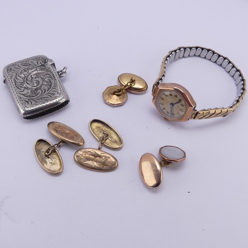 365 - A pair of 9ct gold Cufflinks, 2.6g, together with a 9ct gold cased lady's wristwatch, on replacement... 