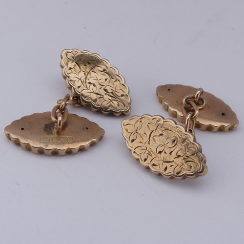 366 - A pair of 9ct rose gold hollow Cufflinks, textured navette fronts and reverses with engraved decorat... 