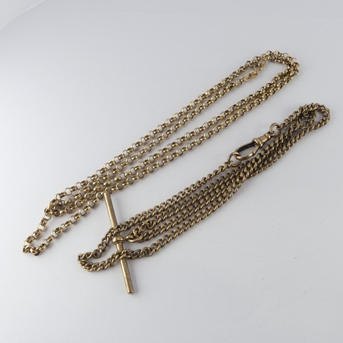 372 - A 9ct yellow gold Watch Chain style Necklace, with clip fastening and T-Bar 'pendant', 49cm long, to... 