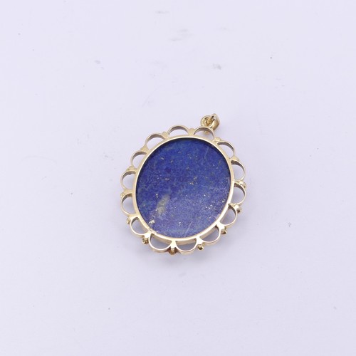 266 - An 18ct yellow gold mounted lapis lazuli Pendant, 4cm long exc. bale, 10.4g.