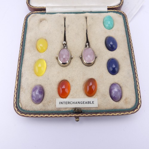 379 - A cased silver and quartz 'interchangeable' Earring set, one stone missing and one silver mount a la... 