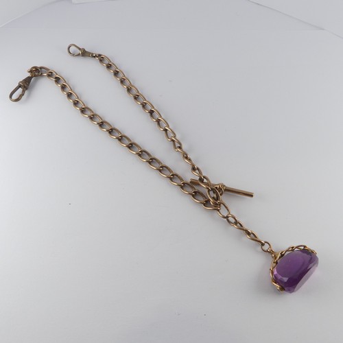 268 - A 9ct gold curb link double Watch Chain, with replacement metal clips and with amethyst swivel fob s... 