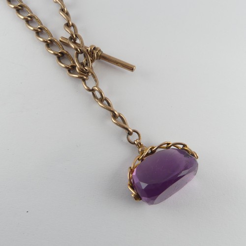 268 - A 9ct gold curb link double Watch Chain, with replacement metal clips and with amethyst swivel fob s... 