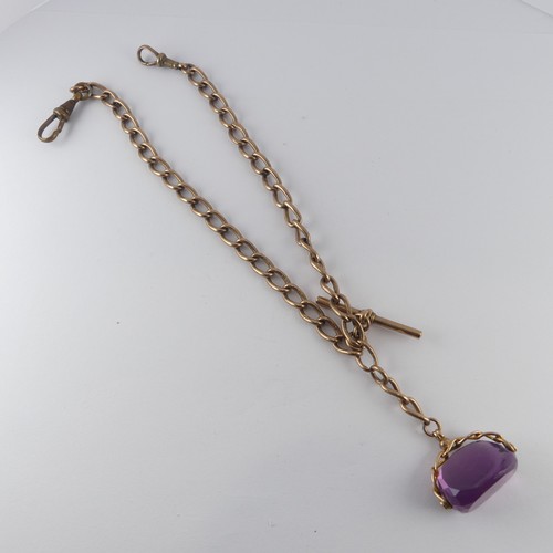 268 - A 9ct gold curb link double Watch Chain, with replacement metal clips and with amethyst swivel fob s... 