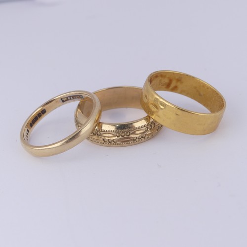 183 - A 22ct yellow gold textured Band, 5.9mm wide, Size Q½, 5.6g, together with a narrow 9ct gold ... 