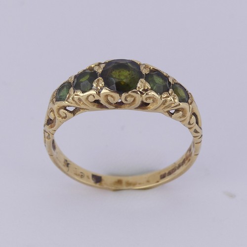 185 - An antique style graduated five stone tourmaline Ring, the centre stone approx. 5.5mm diameter, moun... 