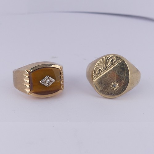 186 - A gentleman's 9ct yellow gold Signet Ring, the oval front gypsy set with a diamond point, Size X, to... 