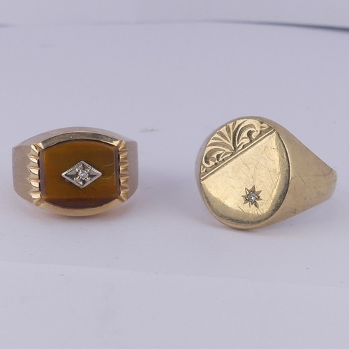 186 - A gentleman's 9ct yellow gold Signet Ring, the oval front gypsy set with a diamond point, Size X, to... 