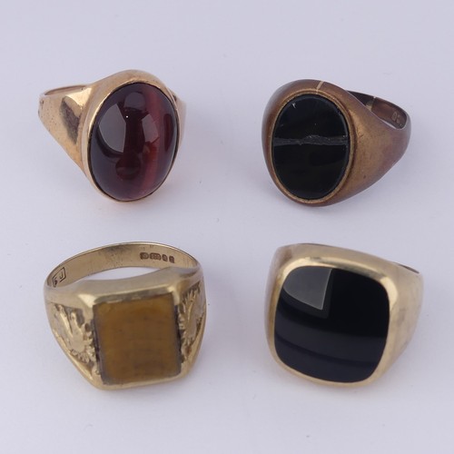 188 - Four 9ct gold Signet Rings, variously set including onyx and tiger's eye, as found, approx. total we... 