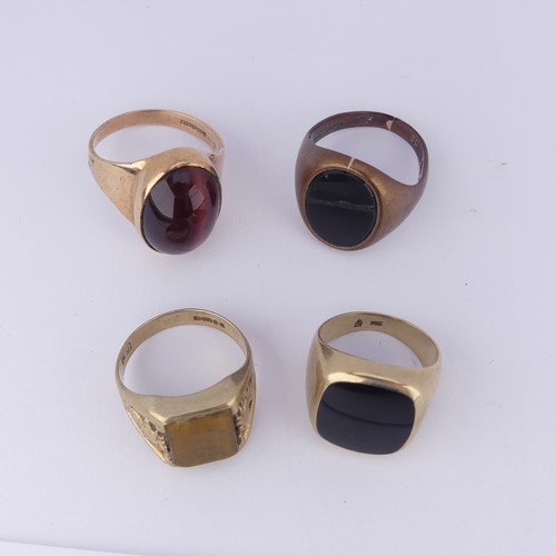 188 - Four 9ct gold Signet Rings, variously set including onyx and tiger's eye, as found, approx. total we... 