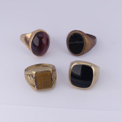 188 - Four 9ct gold Signet Rings, variously set including onyx and tiger's eye, as found, approx. total we... 