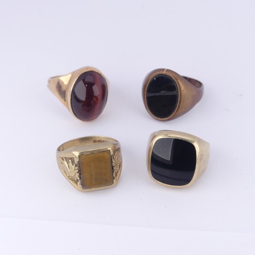 188 - Four 9ct gold Signet Rings, variously set including onyx and tiger's eye, as found, approx. total we... 