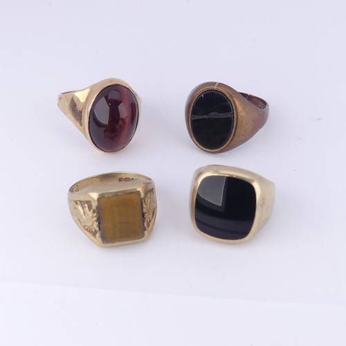 188 - Four 9ct gold Signet Rings, variously set including onyx and tiger's eye, as found, approx. total we... 