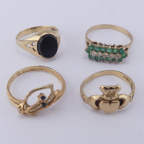 189 - An emerald and diamond cluster Ring, mounted in 9ct yellow gold, Size Q, together with three other s... 