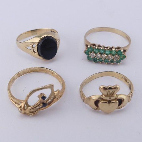 189 - An emerald and diamond cluster Ring, mounted in 9ct yellow gold, Size Q, together with three other s... 