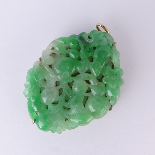 272 - A Chinese Jade Pendant, carved and pierced with a rodent amongst foliage and flowers, unmarked yello... 