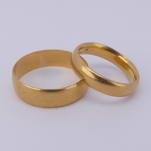 387 - A 22ct yellow gold Band, 4.6mm wide, Size O½, together with another, 6.2mm wide, Size X, appr... 