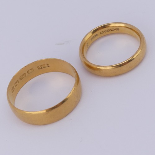 387 - A 22ct yellow gold Band, 4.6mm wide, Size O½, together with another, 6.2mm wide, Size X, appr... 