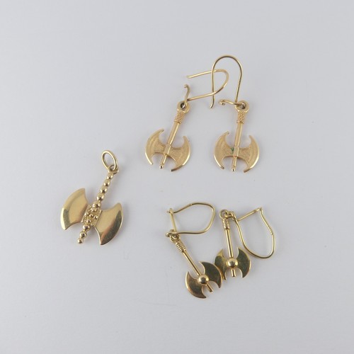 390 - A pair of 14ct yellow gold drop Earrings, in the form of a double axe, together with a similar penda... 