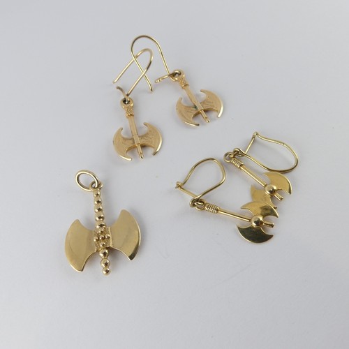 390 - A pair of 14ct yellow gold drop Earrings, in the form of a double axe, together with a similar penda... 