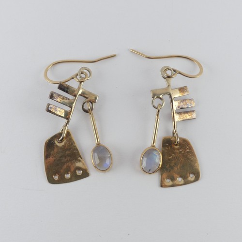 331 - A pair of 9ct yellow gold and moonstone drop Earrings, of abstract design with collet set oval moons... 