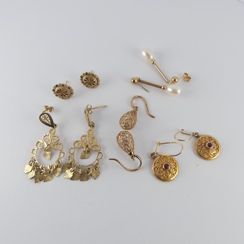 333 - Five pairs of 9ct gold Earrings; one set cultured pearl, one Etruscan style with ruby centres etc., ... 