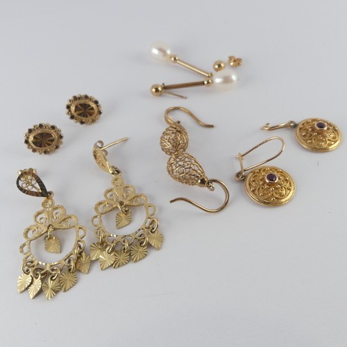 333 - Five pairs of 9ct gold Earrings; one set cultured pearl, one Etruscan style with ruby centres etc., ... 