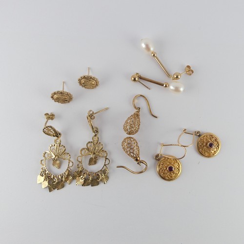 333 - Five pairs of 9ct gold Earrings; one set cultured pearl, one Etruscan style with ruby centres etc., ... 