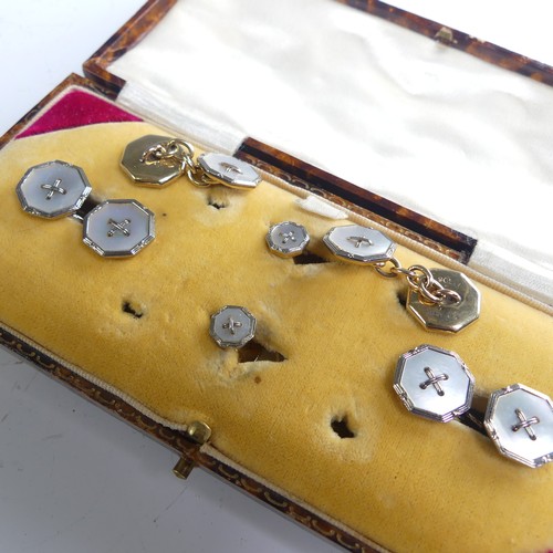 396 - An early 20thC cased mother of pearl Dress Set, the four shirt buttons and pair of cufflinks cased o... 