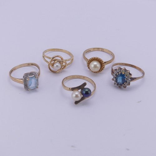 205 - Three cultured pearl Rings, all mounted in 9ct yellow gold, together with a blue and white paste clu... 