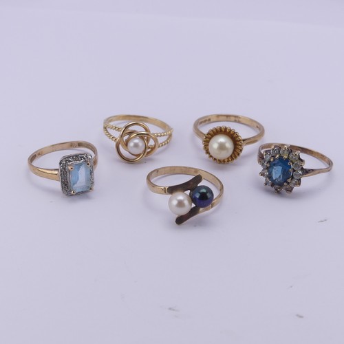 205 - Three cultured pearl Rings, all mounted in 9ct yellow gold, together with a blue and white paste clu... 