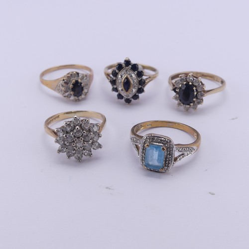 207 - Five 9ct gold Rings, variously set including white paste cluster, sapphire and diamond, blue and whi... 