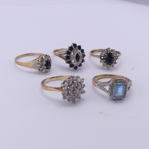 207 - Five 9ct gold Rings, variously set including white paste cluster, sapphire and diamond, blue and whi... 