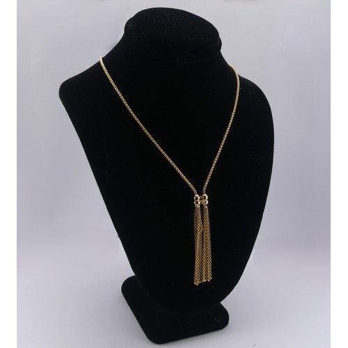 277 - A 9ct yellow gold tassle Necklace, the snake link chain terminating at the front with a double tassl... 