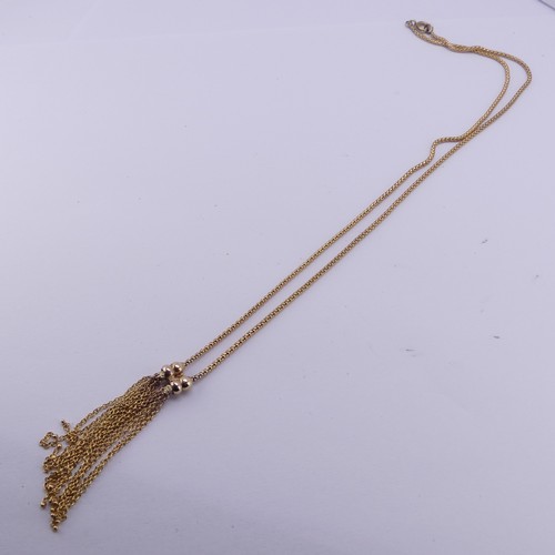 277 - A 9ct yellow gold tassle Necklace, the snake link chain terminating at the front with a double tassl... 