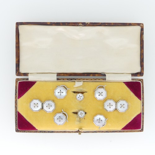 396 - An early 20thC cased mother of pearl Dress Set, the four shirt buttons and pair of cufflinks cased o... 