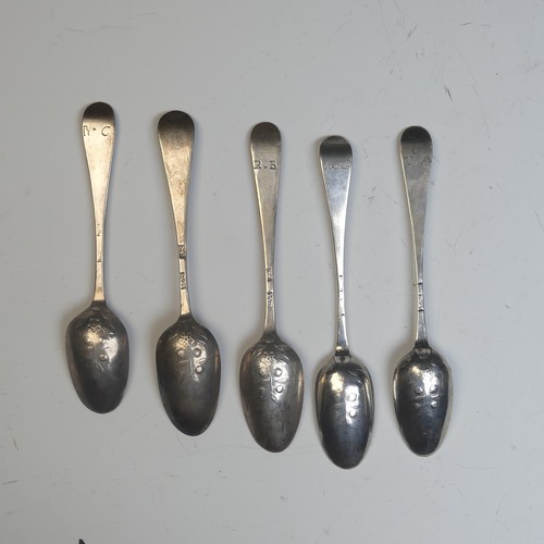 118 - Five George III silver fancy picture back Teaspoons, by Robert Sallam, each with flowering tea-plant... 