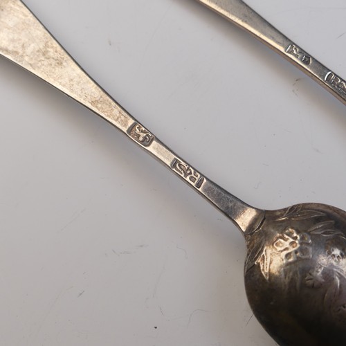 118 - Five George III silver fancy picture back Teaspoons, by Robert Sallam, each with flowering tea-plant... 