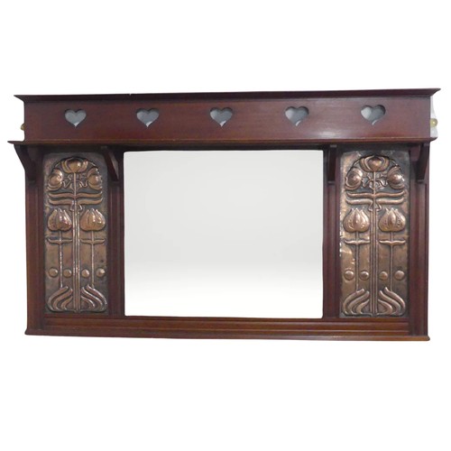 341 - A Shapland and Petter of Barnstaple mahogany Arts and Crafts overmantle wall Mirror, with pierced he... 