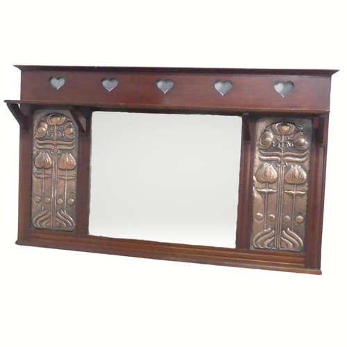 341 - A Shapland and Petter of Barnstaple mahogany Arts and Crafts overmantle wall Mirror, with pierced he... 